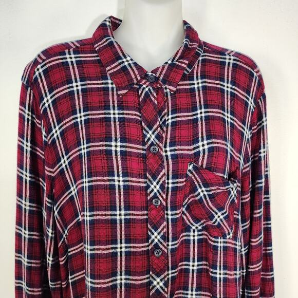 Beach Lunch Lounge Shirt Large Red Plaid Button Up Flannel Rayon Button Back - Picture 4 of 9